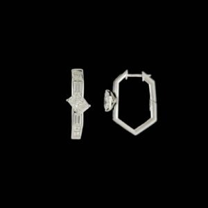 Hexagon Geometric Radiant Solitaire Huggie Hoops in 14K White Gold