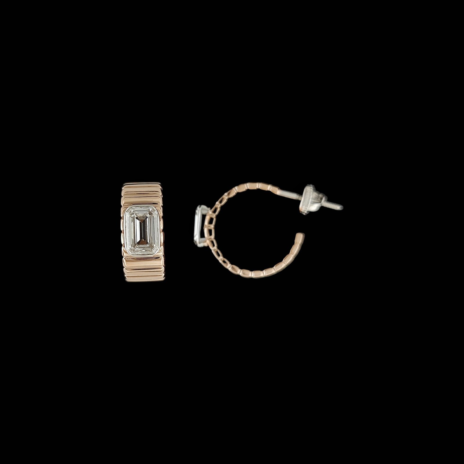 Fluted Emerald Cut Solitaire J-Hoop Bali in 14K Rose Gold
