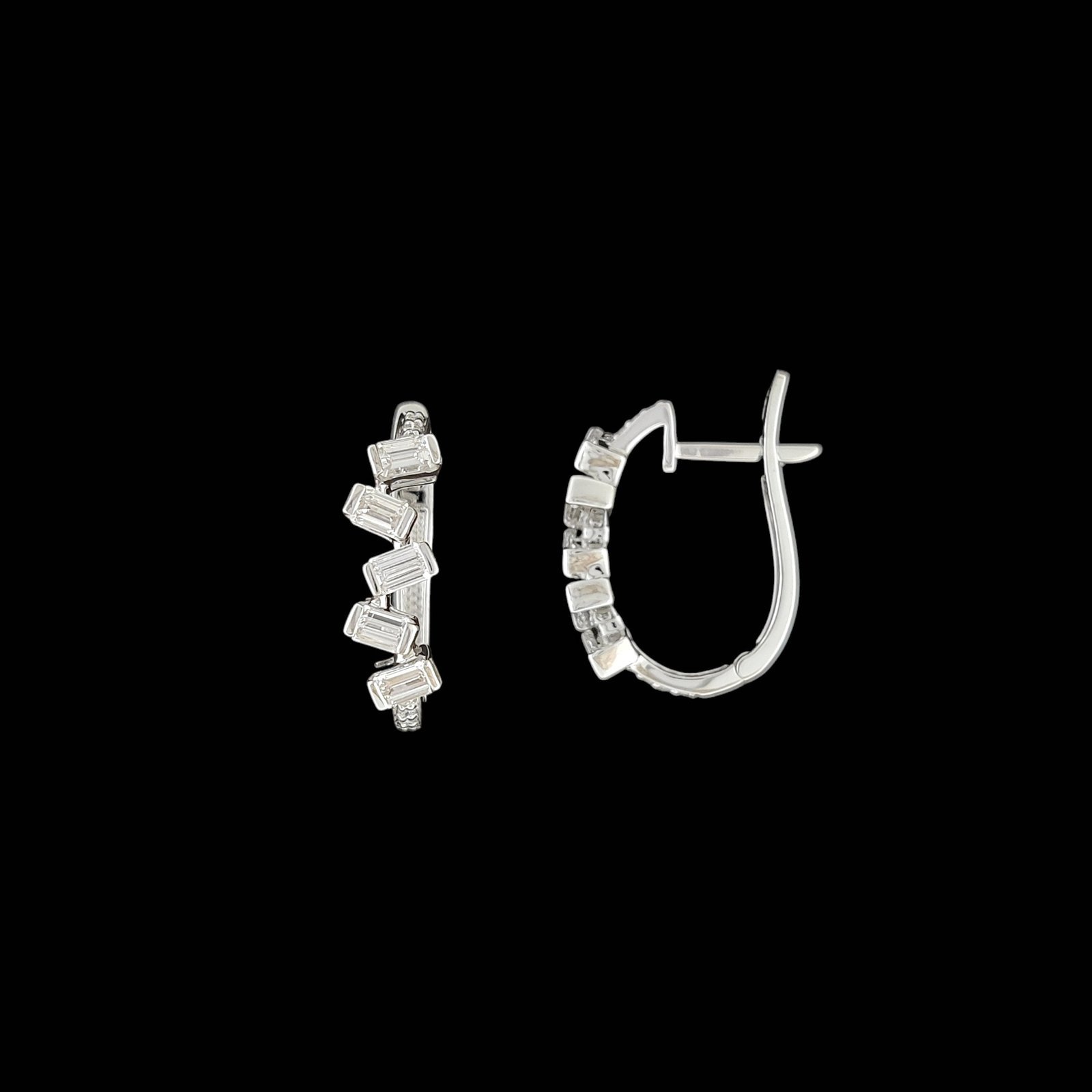 Staggered Baguette Diamond Mosaic Huggie Bali in 14K White Gold