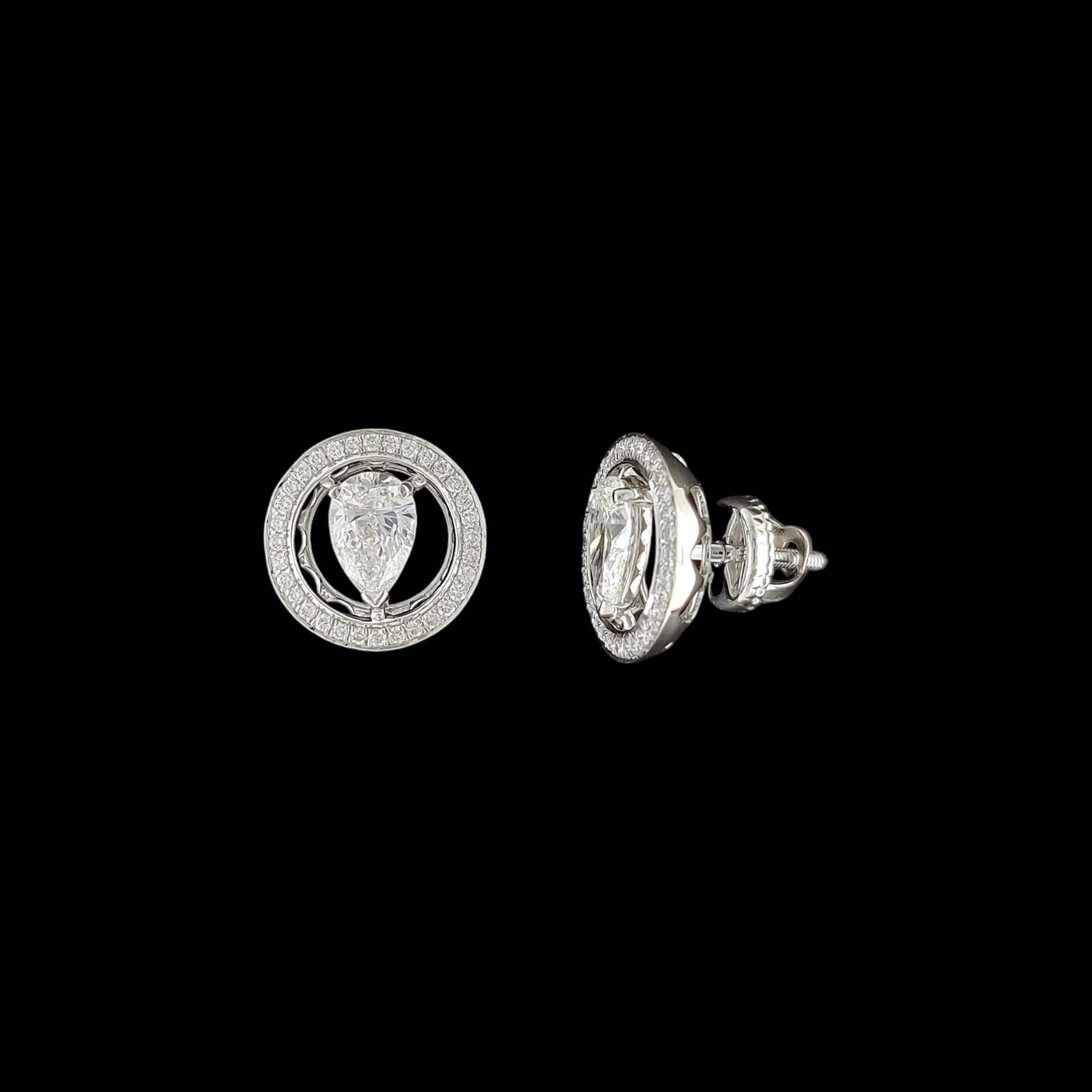 Floating Pear Diamond Circular Halo Studs in 14K White Gold