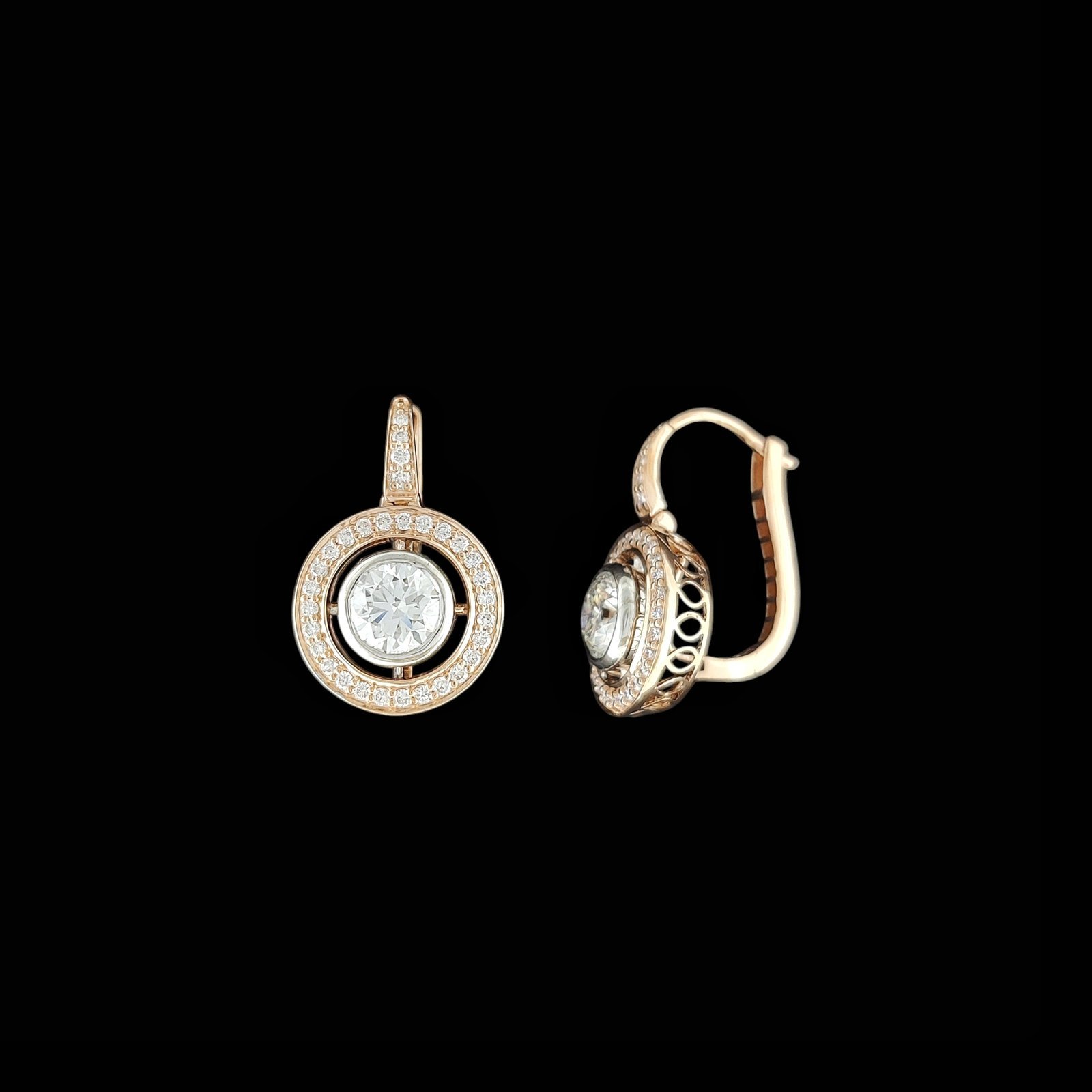 Floating Solitaire Halo Leverback Hoop Earrings in 14K Rose Gold