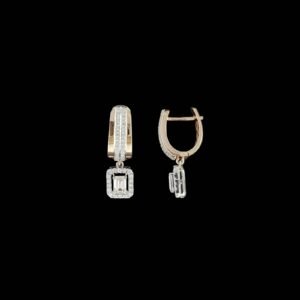 Emerald Cut Diamond Halo Drop Huggie Earrings in 14K Two-Tone Gold