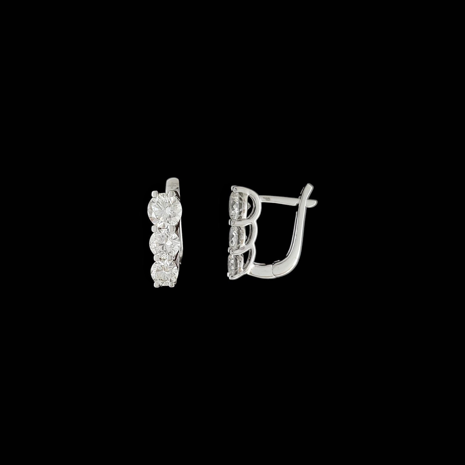 Three-Stone Round Diamond Shared-Prong Huggie Bali in 14K White Gold