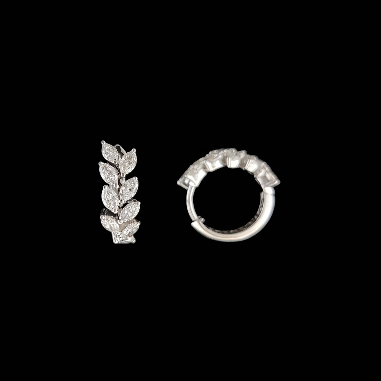 Marquise Diamond Laurel Leaf Huggie Hoop Bali in 14K White Gold