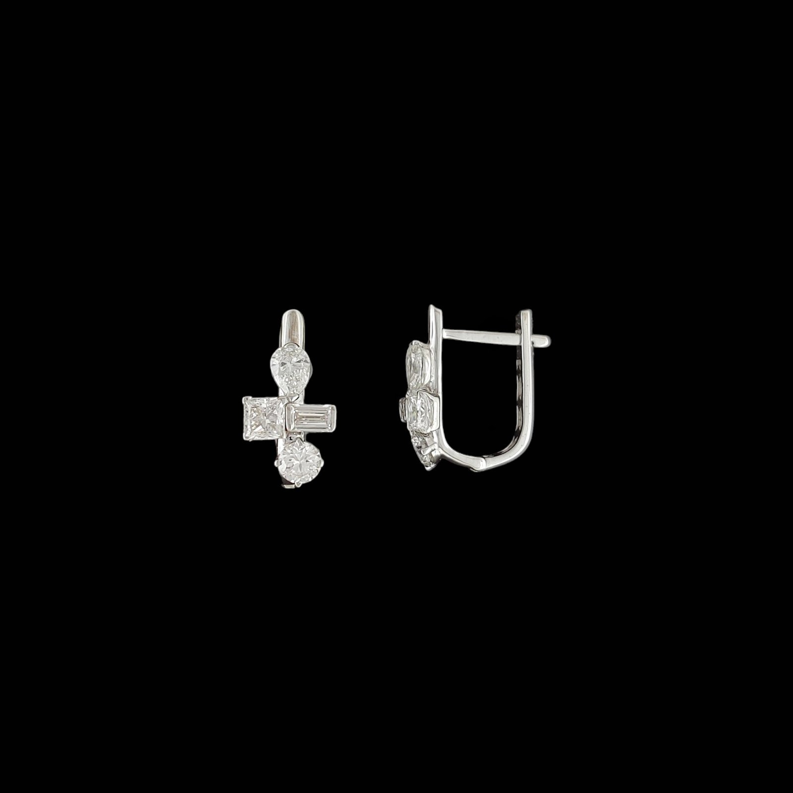 Geometric Multi-Cut Cross Cluster Huggie Bali in 14K White Gold