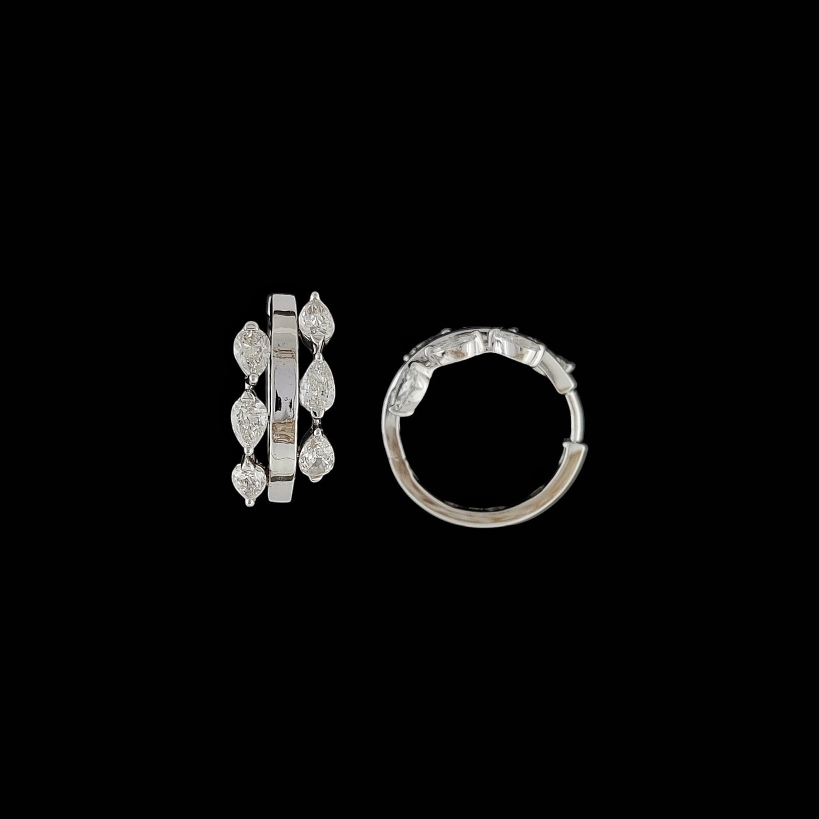 Triple Row Pear Diamond Huggie Hoop Bali in 14K White Gold