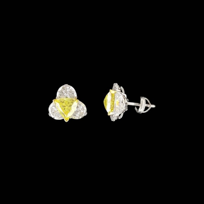Trilliant Fancy Yellow Lab Diamond Cluster Studs in 14K Gold