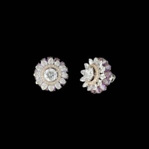 Amethyst & Diamond Double Halo Floral Stud Earrings in 14K Two-Tone Gold