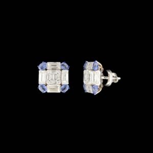 Art Deco Baguette Diamond & Tanzanite Mosaic Studs in 14K Two-Tone Gold