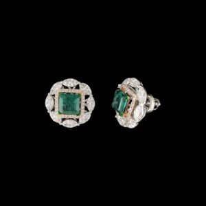 Cushion Emerald Double Halo Marquise Diamond Studs in 14K Two-Tone Gold