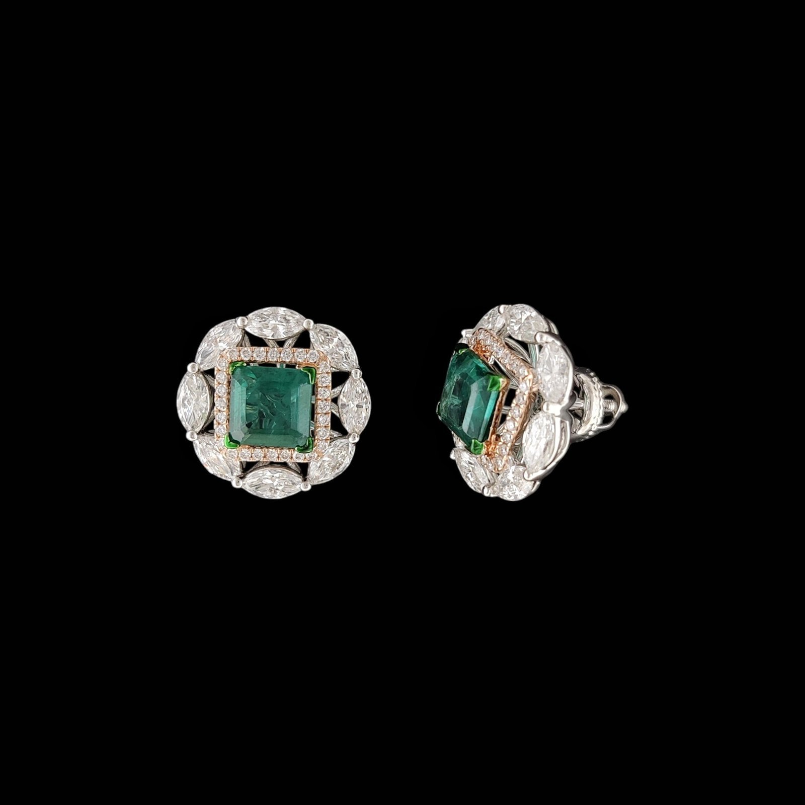 Cushion Emerald Double Halo Marquise Diamond Studs in 14K Two-Tone Gold