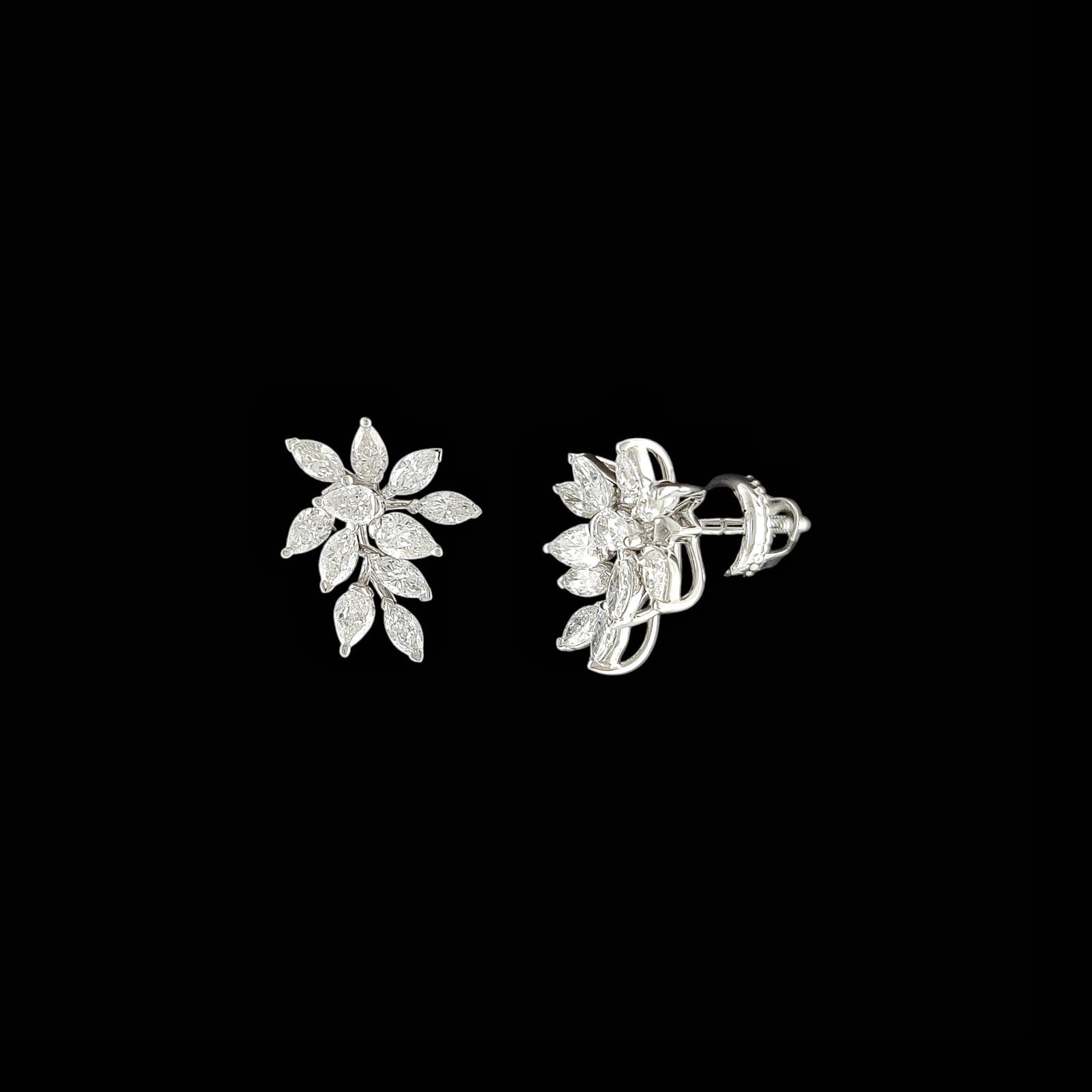 Marquise Diamond Botanical Leaf Cluster Stud Earrings in 14K White Gold