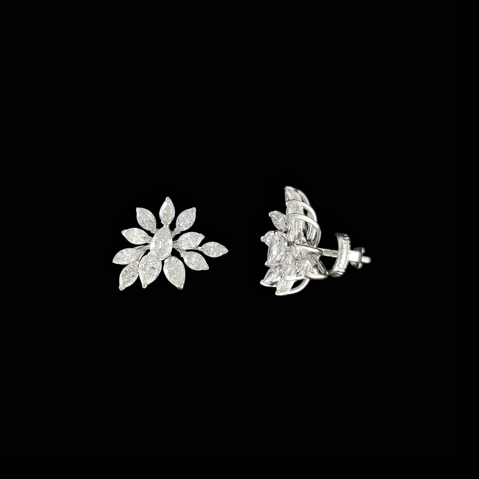 Marquise & Pear Diamond Asymmetrical Blossom Studs in 14K White Gold