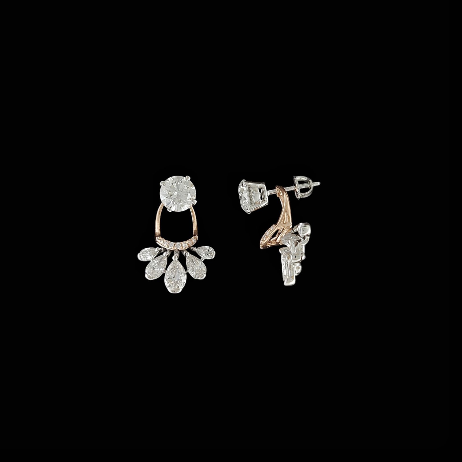 Round Diamond Stirrup & Pear Droplet Fan Earrings in 14K Two-Tone Gold