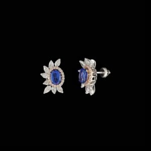 Oval Blue Sapphire Double Halo & Marquise Wing Studs in 14K Two-Tone Gold