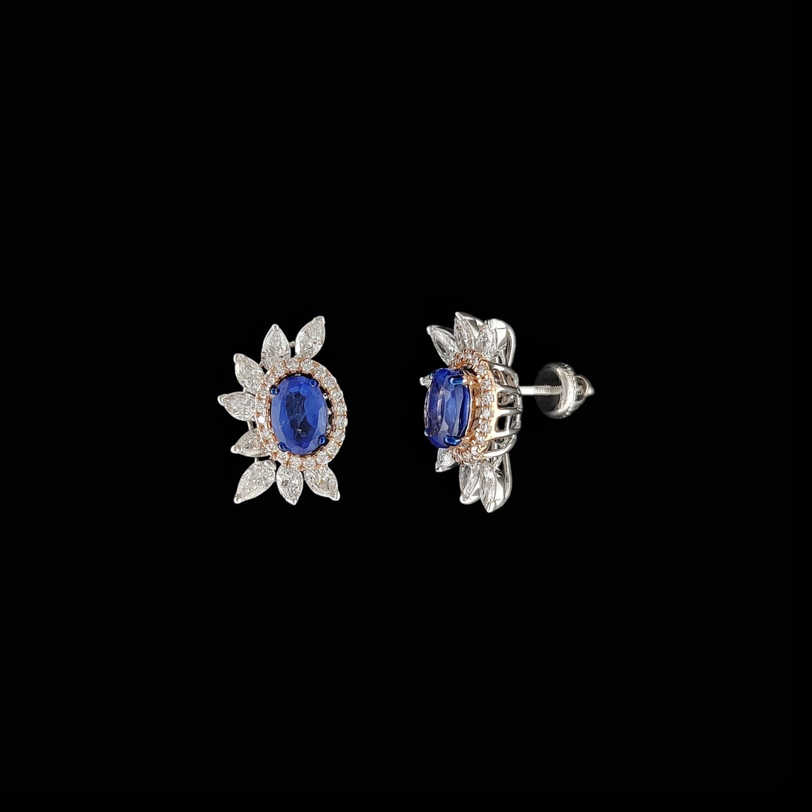 Oval Blue Sapphire Double Halo & Marquise Wing Studs in 14K Two-Tone Gold