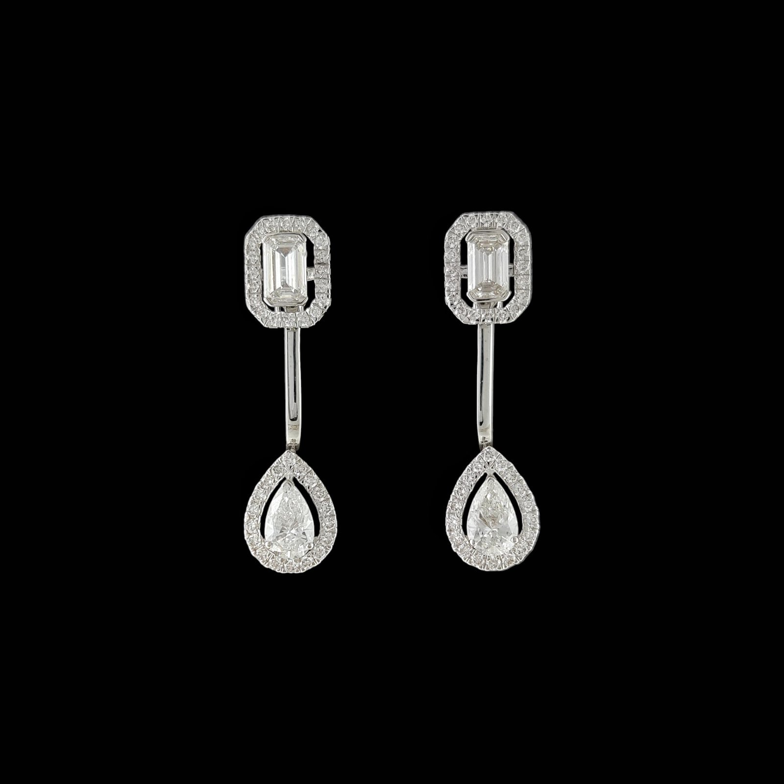 Emerald & Pear Diamond Geometric Bar Drop Earrings in 14K White Gold