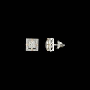 Princess Cut Diamond Greek Key Geometric Studs in 14K Two-Tone Gold