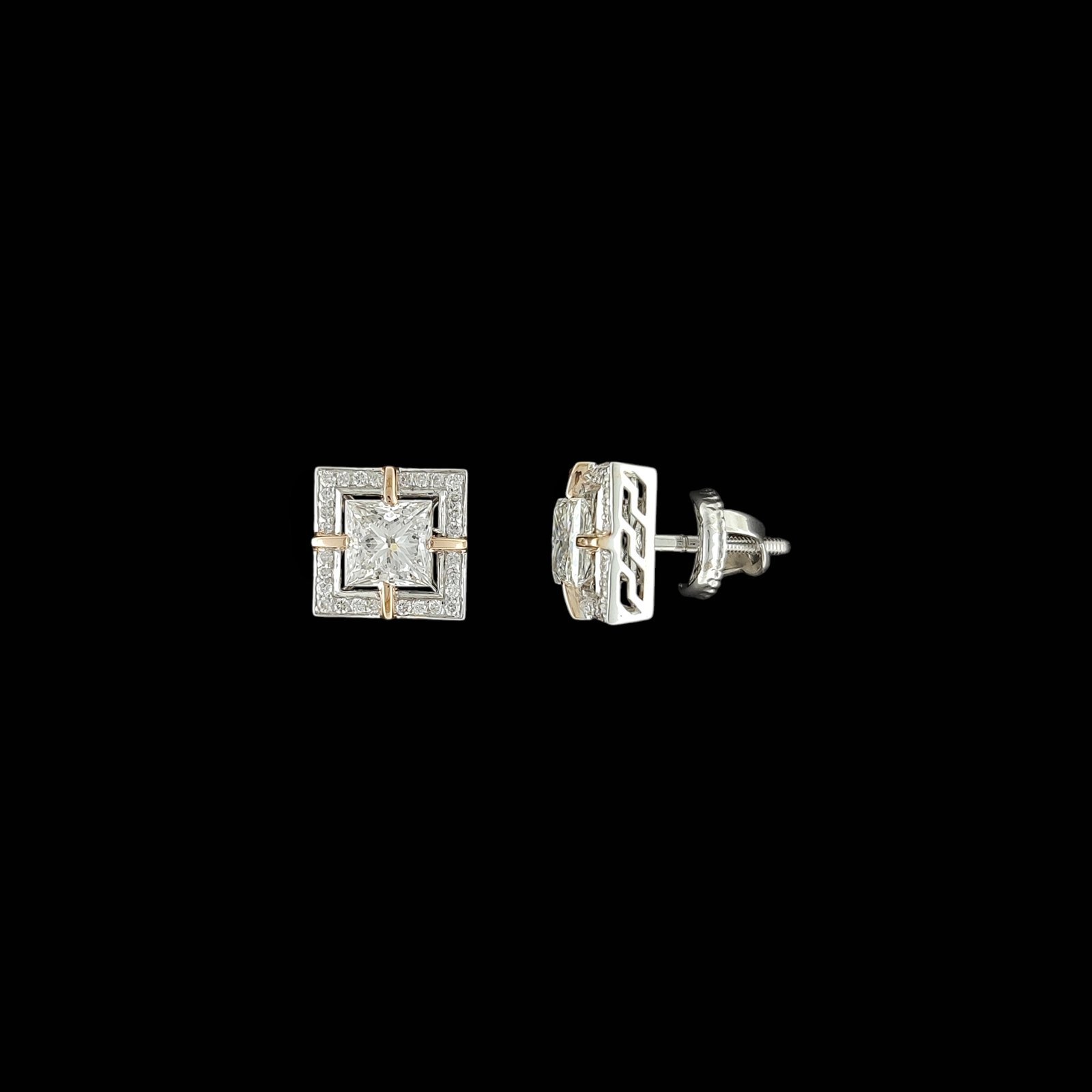 Princess Cut Diamond Greek Key Geometric Studs in 14K Two-Tone Gold