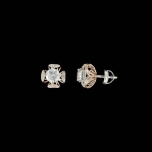 Round Diamond Filigree Clover Cross Stud Earrings in 14K Two-Tone Gold