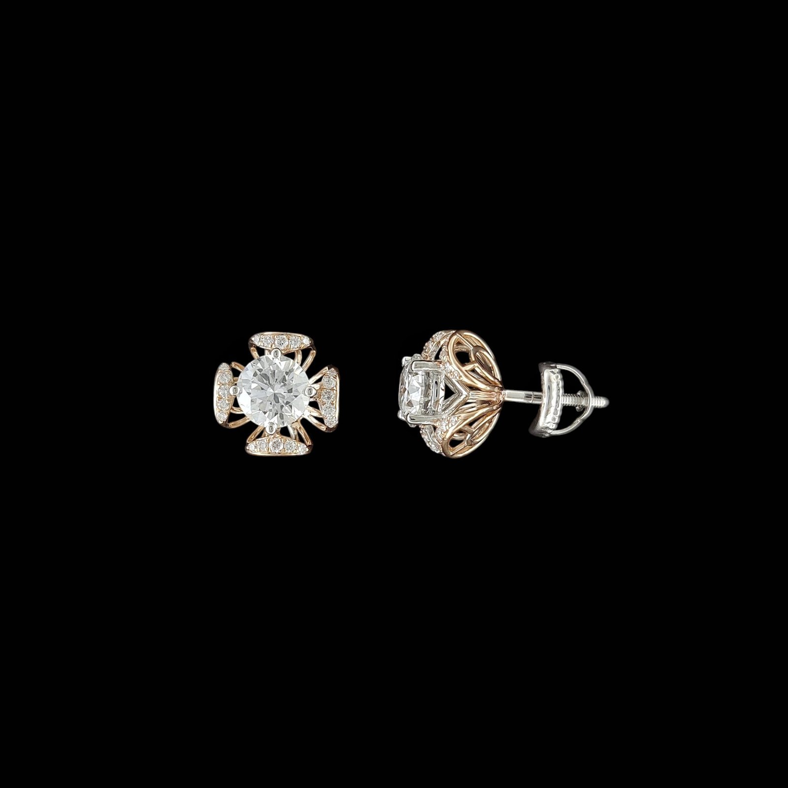 Round Diamond Filigree Clover Cross Stud Earrings in 14K Two-Tone Gold