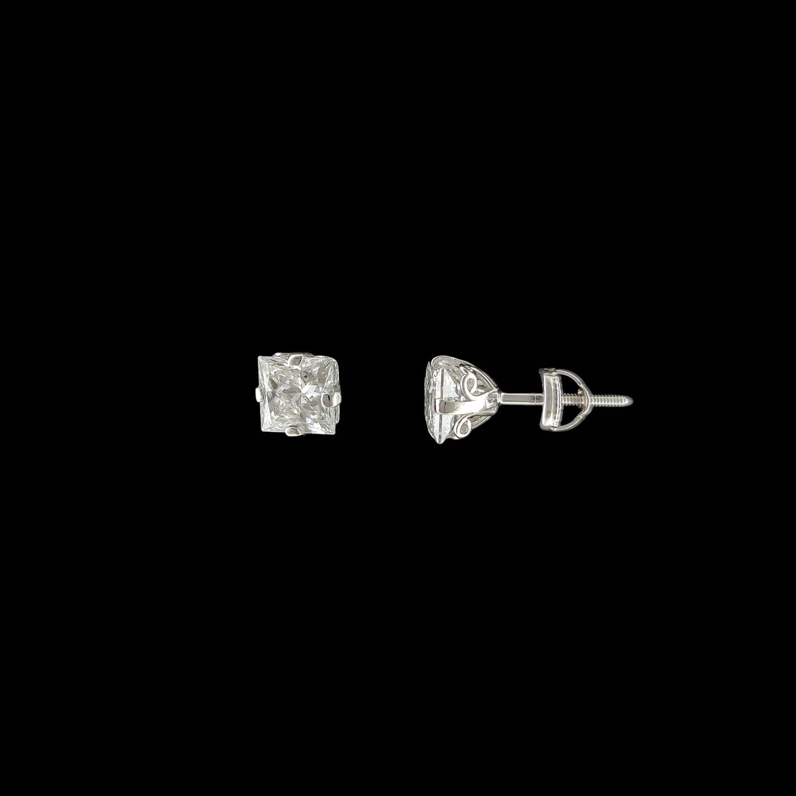 Princess Cut Scrolled Filigree Solitaire Stud Earrings in 14K White Gold