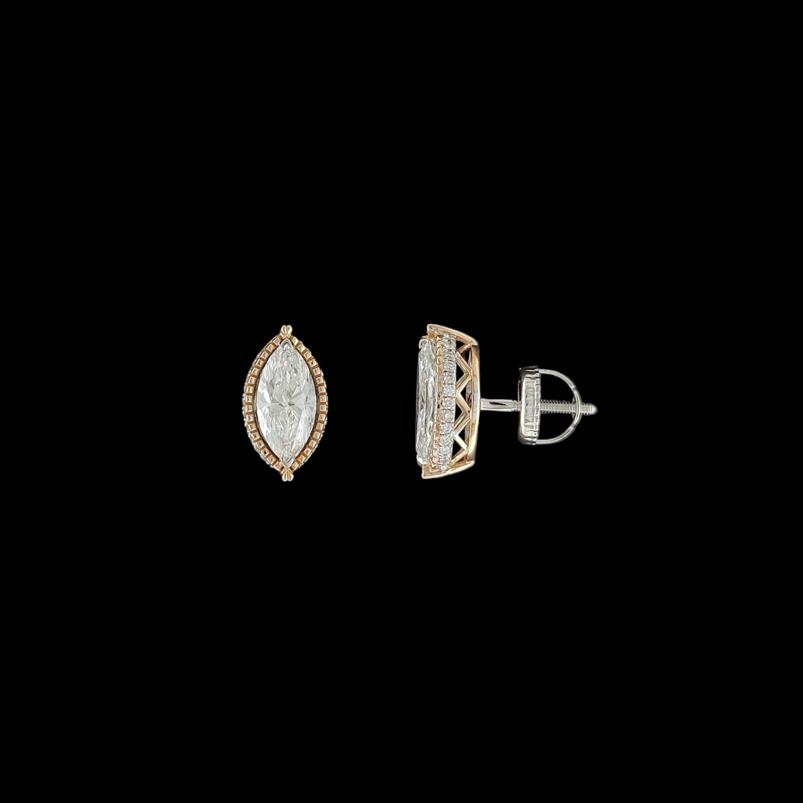 Marquise Diamond Bezel-Edge Trellis Halo Studs in 14K Two-Tone Gold