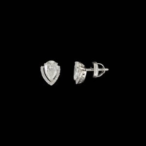 Pear Diamond Chevron Halo Trellis Stud Earrings in 14K White Gold