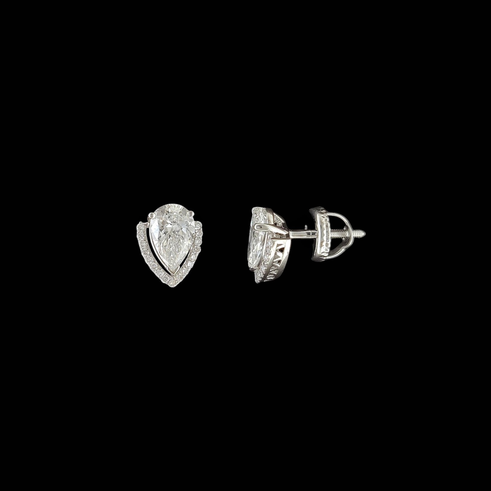 Pear Diamond Chevron Halo Trellis Stud Earrings in 14K White Gold