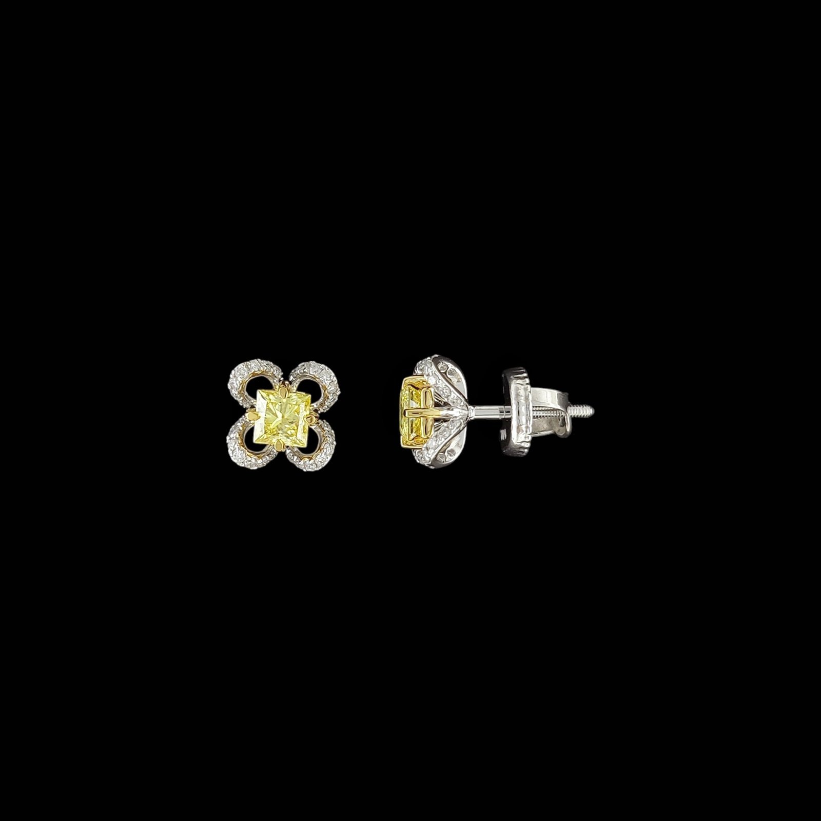 Fancy Yellow Cushion Four-Leaf Clover Diamond Studs in 14K Two-Tone Gold