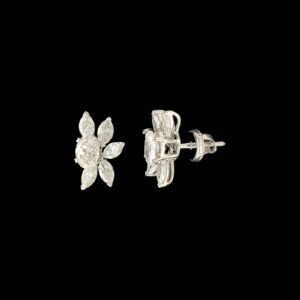 Oval Solitaire Marquise Wing Floral Studs in 14K White Gold