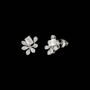 Emerald Cut Diamond Angled Marquise Spray Floral Studs in 14K White Gold