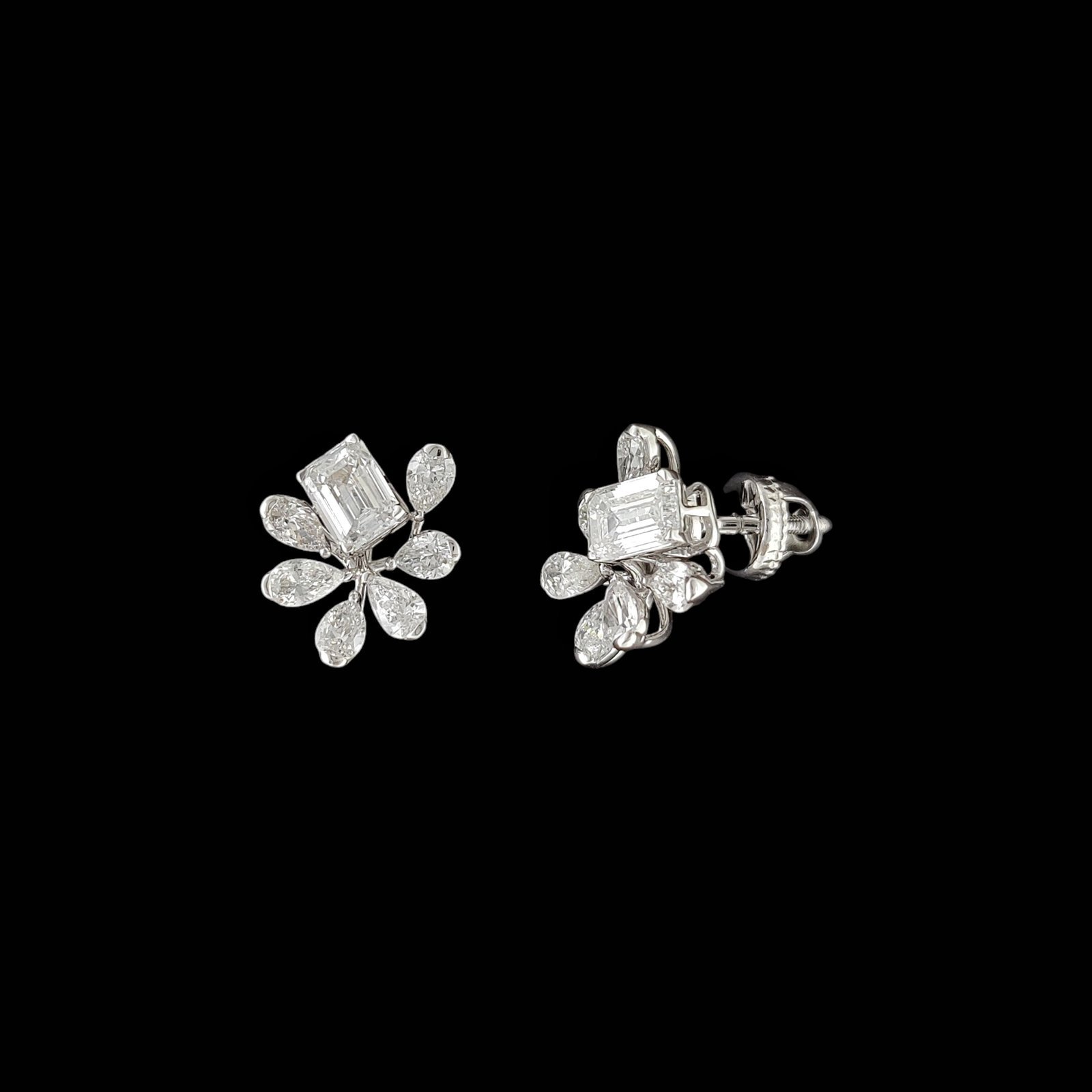 Emerald Cut Diamond Angled Marquise Spray Floral Studs in 14K White Gold