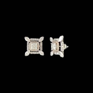 Princess Halo & Baguette Geometric Stud Earrings in 14K Two-Tone Gold