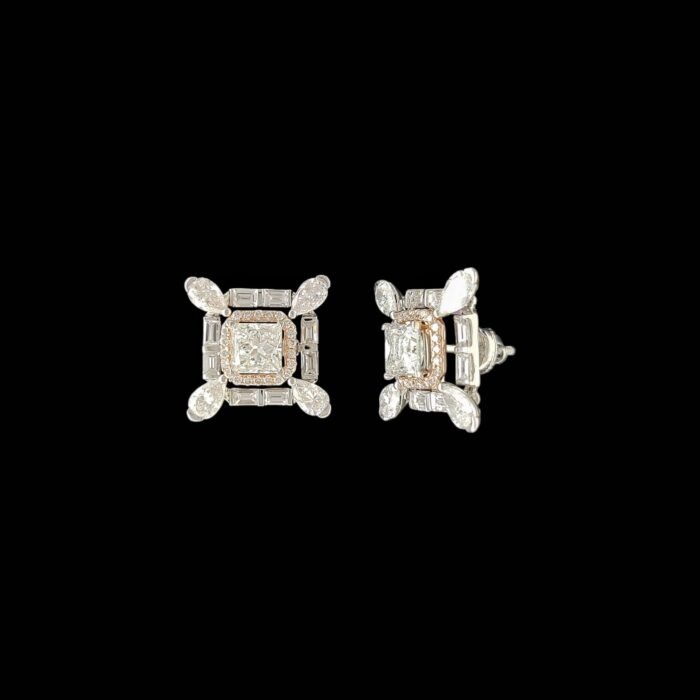 Princess Halo & Baguette Geometric Stud Earrings in 14K Two-Tone Gold