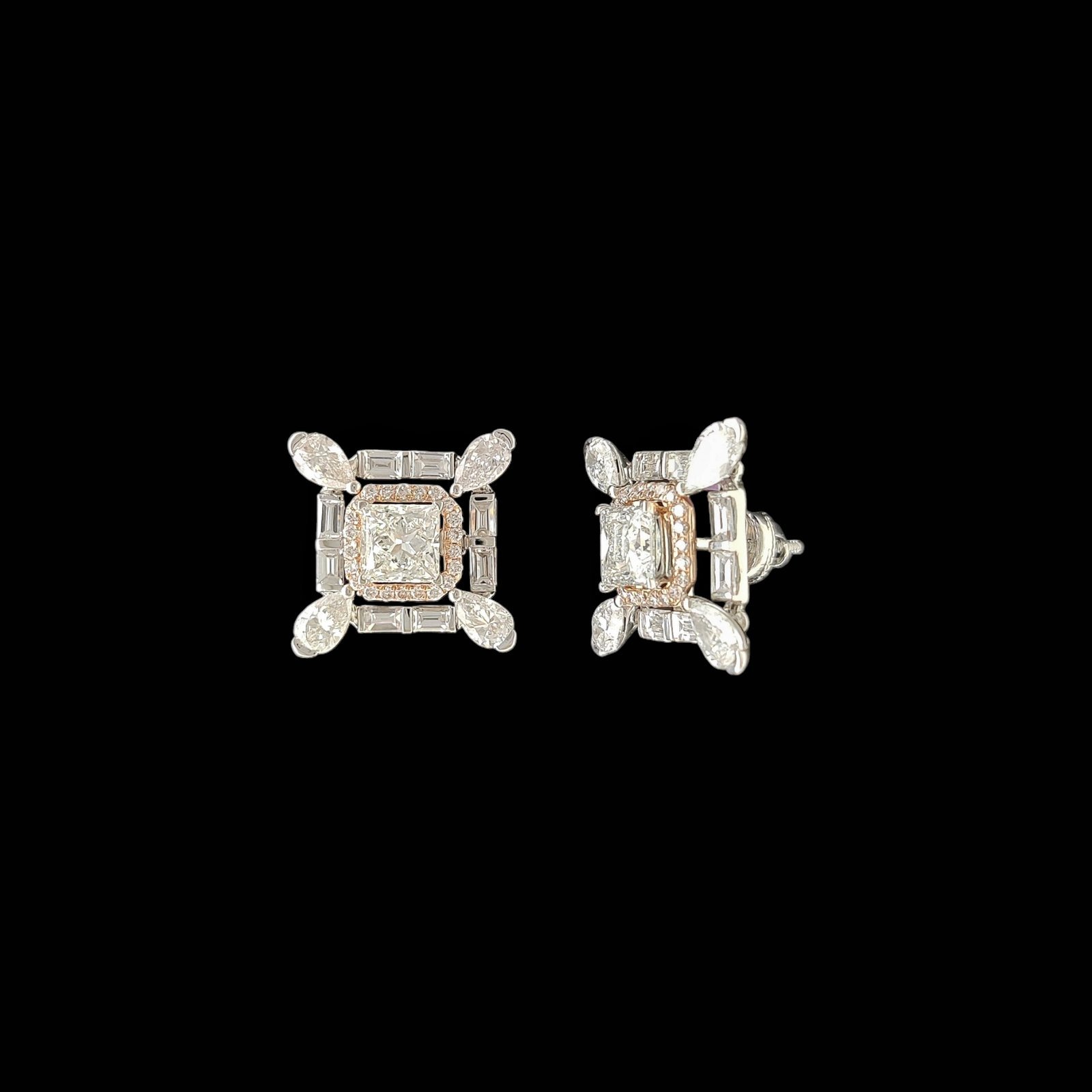 Princess Halo & Baguette Geometric Stud Earrings in 14K Two-Tone Gold 1 Princess Halo & Baguette Geometric Stud Earrings in 14K Two-Tone Gold