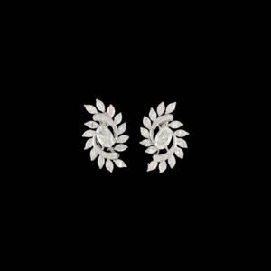 Oval Diamond Botanical Leaf Spray Stud Earrings in 14K White Gold