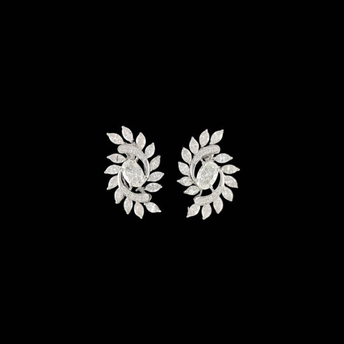 Oval Diamond Botanical Leaf Spray Stud Earrings in 14K White Gold