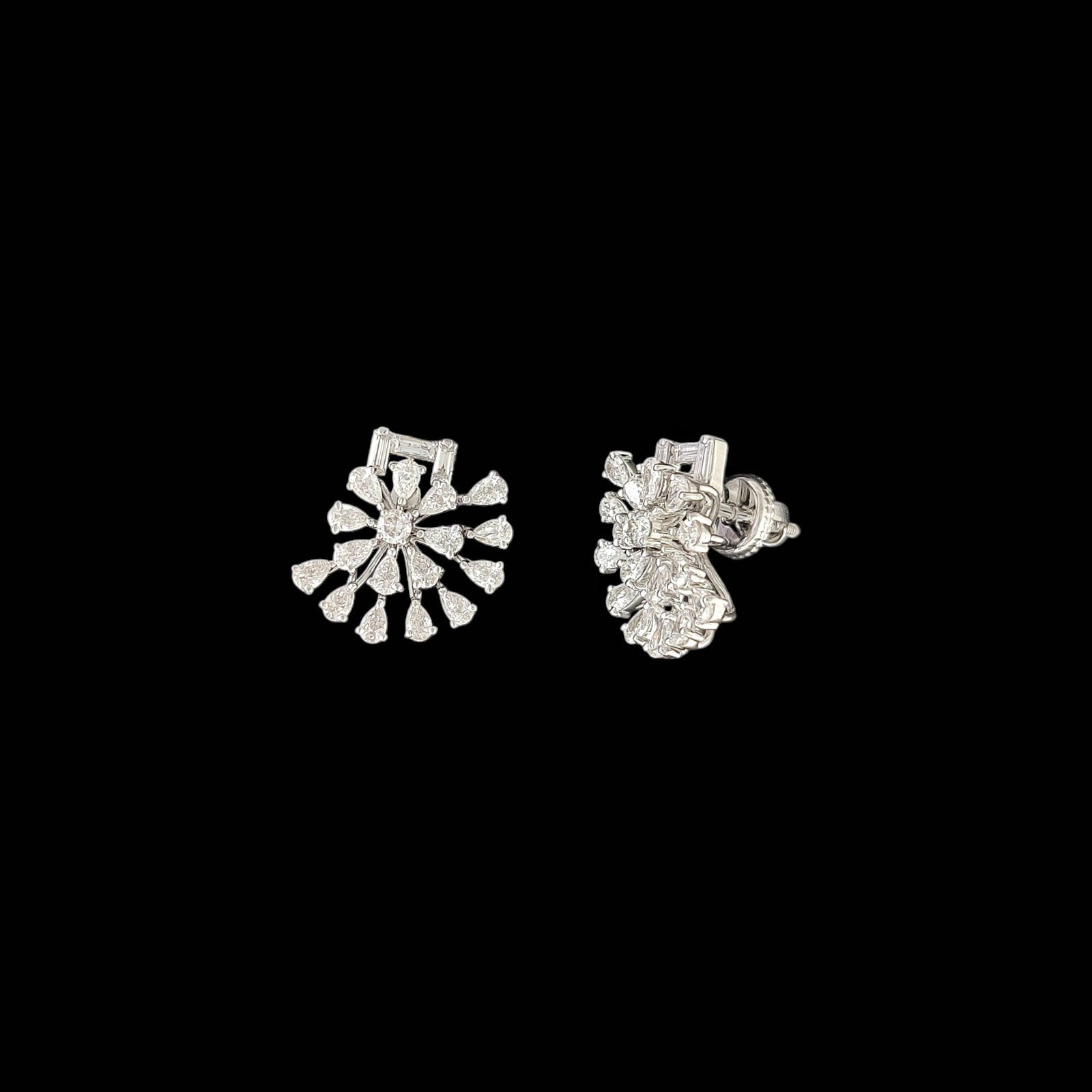 Baguette Crown Floral Fan Lab Diamond Earrings in 14K White Gold 1 Baguette Crown Floral Fan Lab Diamond Earrings in 14K White Gold