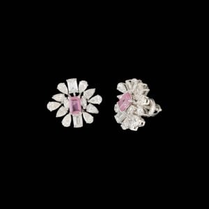 Emerald Pink Sapphire & Marquise Diamond Flower Studs in 14K Gold