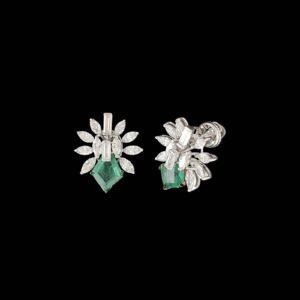 Rhombus Emerald & Marquise Sunburst Stud Earrings in 14K White Gold