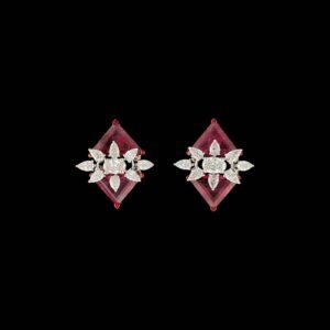Lozenge Ruby & Marquise Diamond Floral Cross Studs in 14K Gold