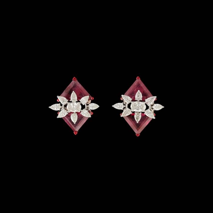 Lozenge Ruby & Marquise Diamond Floral Cross Studs in 14K Gold