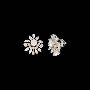 Geometric Chevron Halo Floral Diamond Studs in 14K Two-Tone Gold