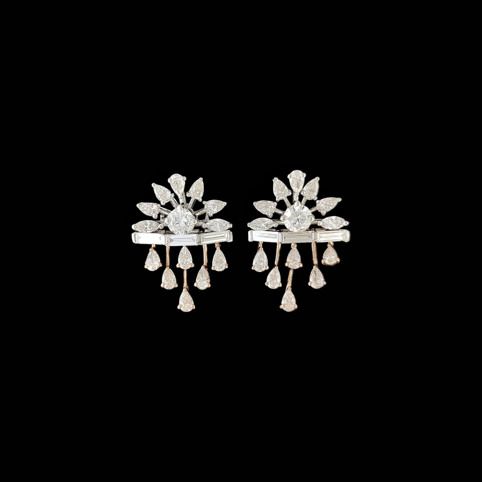 Baguette Bridge & Chandelier Droplet Diamond Earrings in 14K Two-Tone Gold 1 Baguette Bridge & Chandelier Droplet Diamond Earrings in 14K Two-Tone Gold