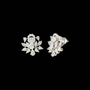 Oval Diamond Floral Crown Cluster Stud Earrings in 14K White Gold