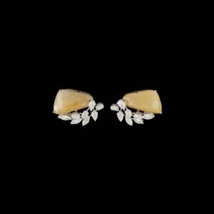 Freeform Amber Citrine & Marquise Diamond Leaf Studs in 14K Two-Tone Gold