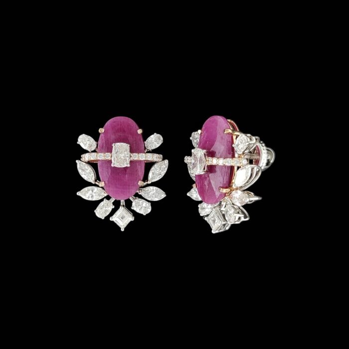 Cabochon Star Ruby & Oval Diamond Garland Studs in 14K Two-Tone Gold