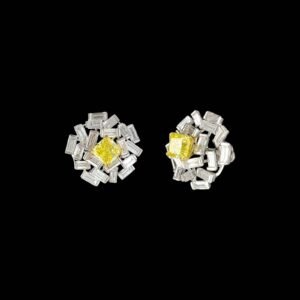 Canary Yellow Cushion & Baguette Mosaic Cluster Studs in 14K Two-Tone Gold