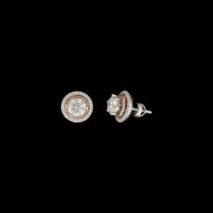 Double Halo Fluted Rose Gold Solitaire Diamond Studs in 14K Two-Tone Gold